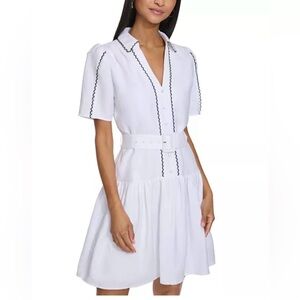 Karl Lagerfeld White Linen Dress with Belt and Black Trim — NWT